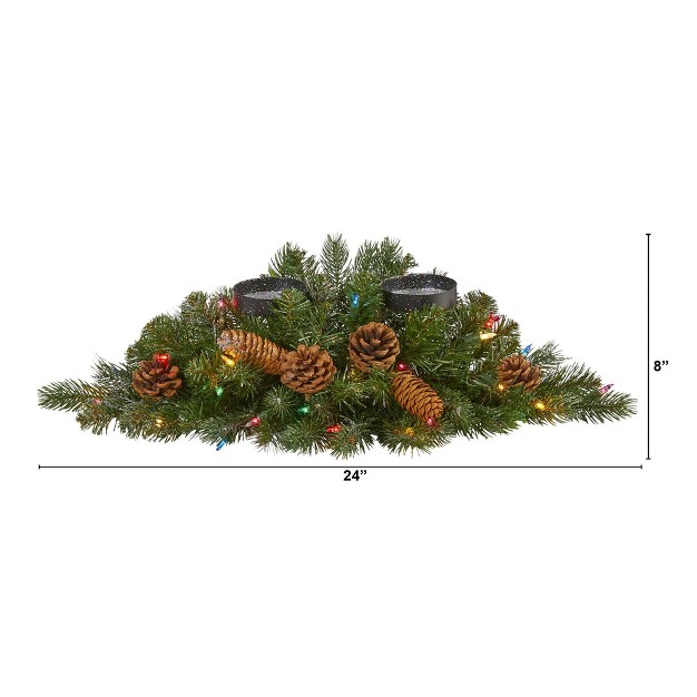 Nearly Natural 24 in Flocked And Glittered Artificial Christmas Double Candelabrum With 35 Multicolored Lights And Pine Cones