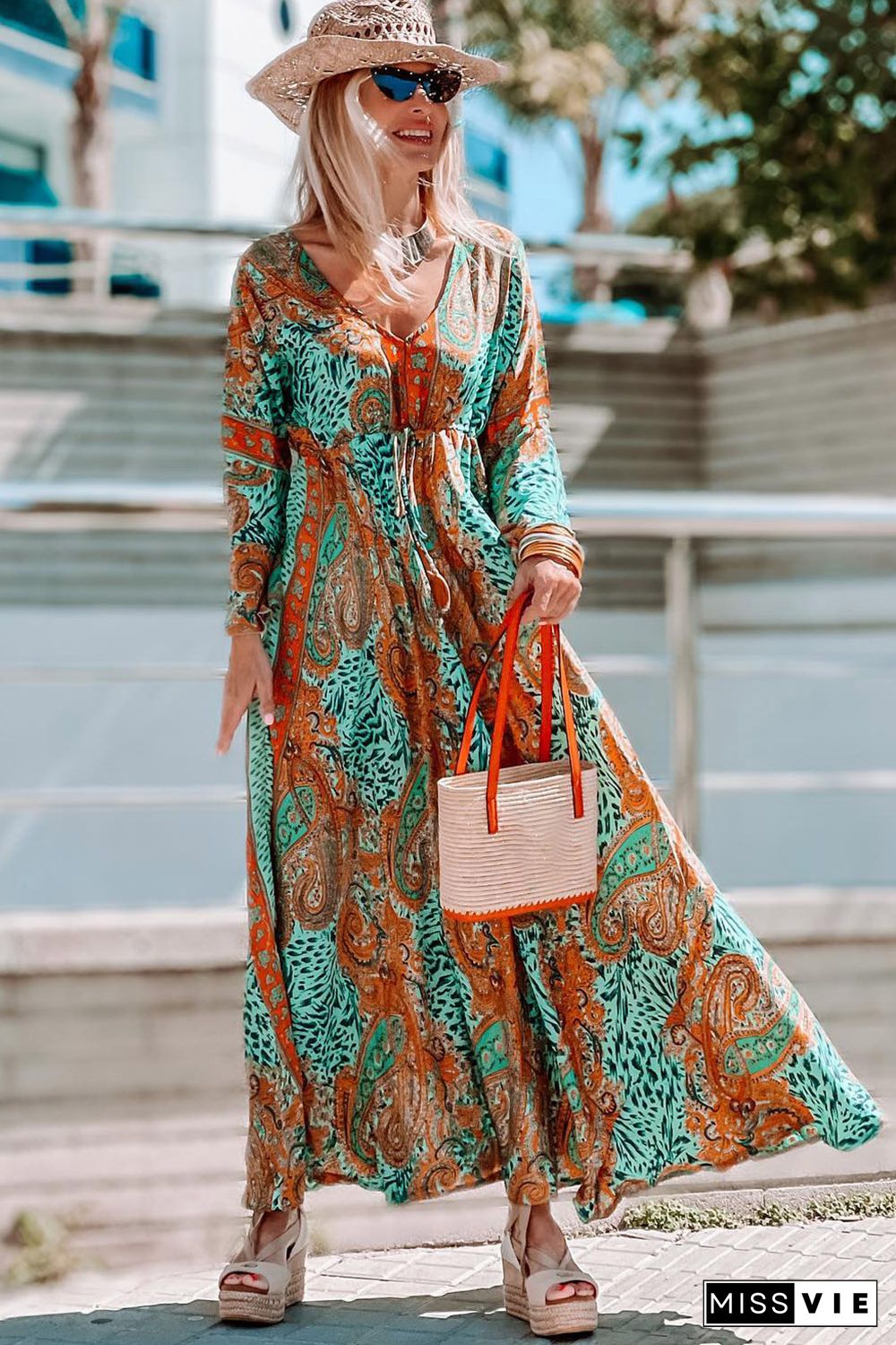 Green Boho Paisley Mix Print Long Sleeve V-Neck Tie Maxi Dress