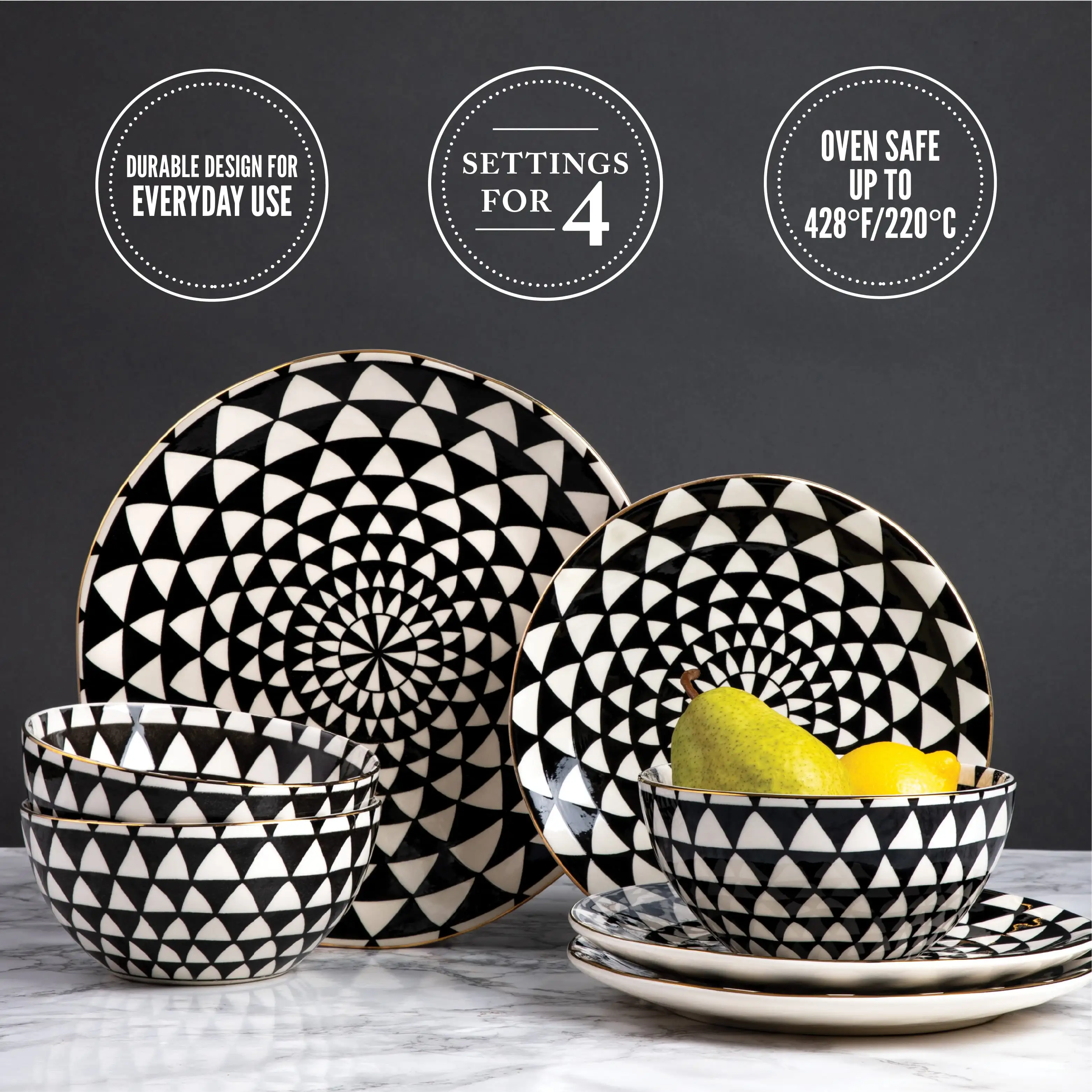 Thyme and Table Dinnerware Black and White Medallion Stoneware， 12 Piece Set
