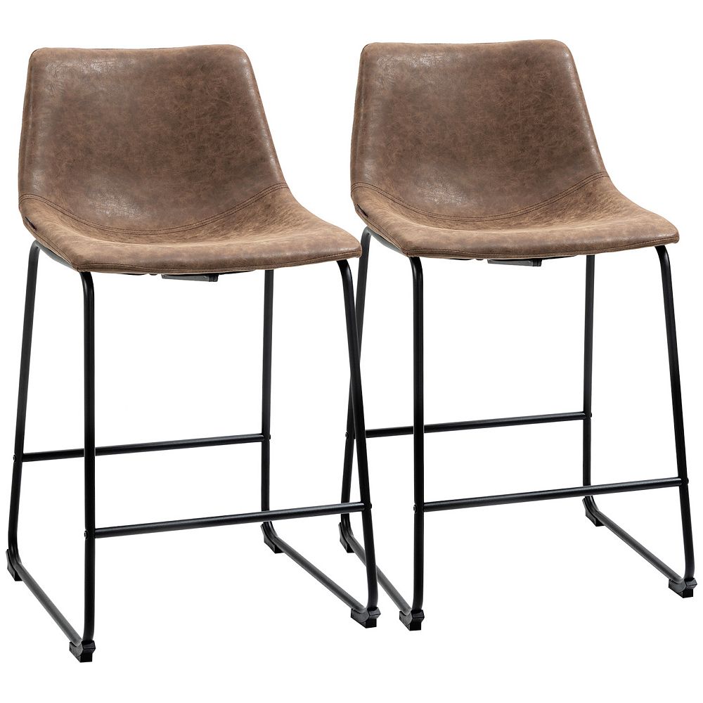 HOMCOM Counter Height Bar Stools Set of 2， Vintage PU Leather Barstools with Footrest for Dining Room， Home Bar， Kitchen， Dark Brown