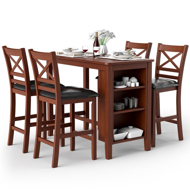 Costway 5pcs Pub Dining Table Set W Storage Shelves amp 4 Upholstered Chairs Walnut