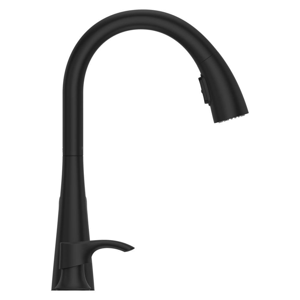 Pfister Ladera Single Handle Pull Down Sprayer Kitchen Faucet with Soap Dispenser in Matte Black F-529-7LRRB