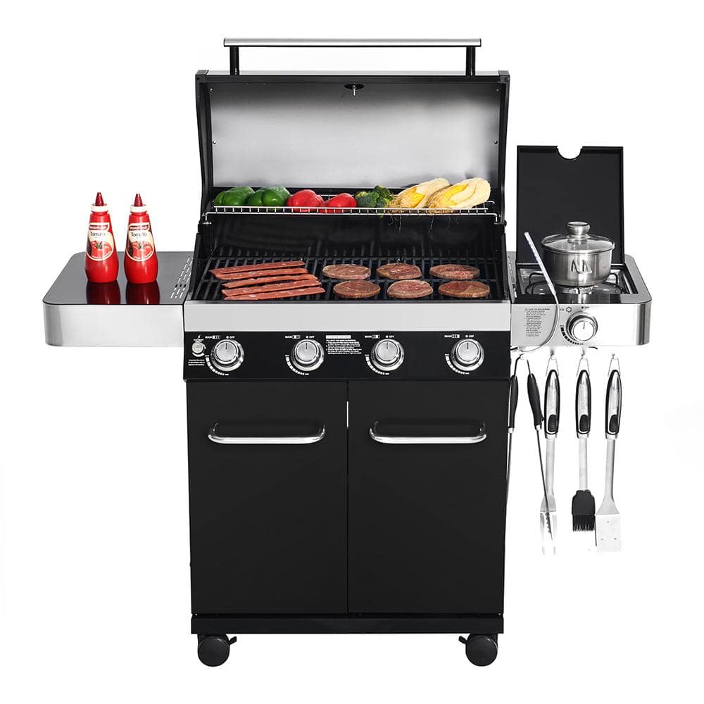 Monument Grills 4-Burner Propane Gas Grill in Black with LED Controls, Side Burner and USB Light 13892