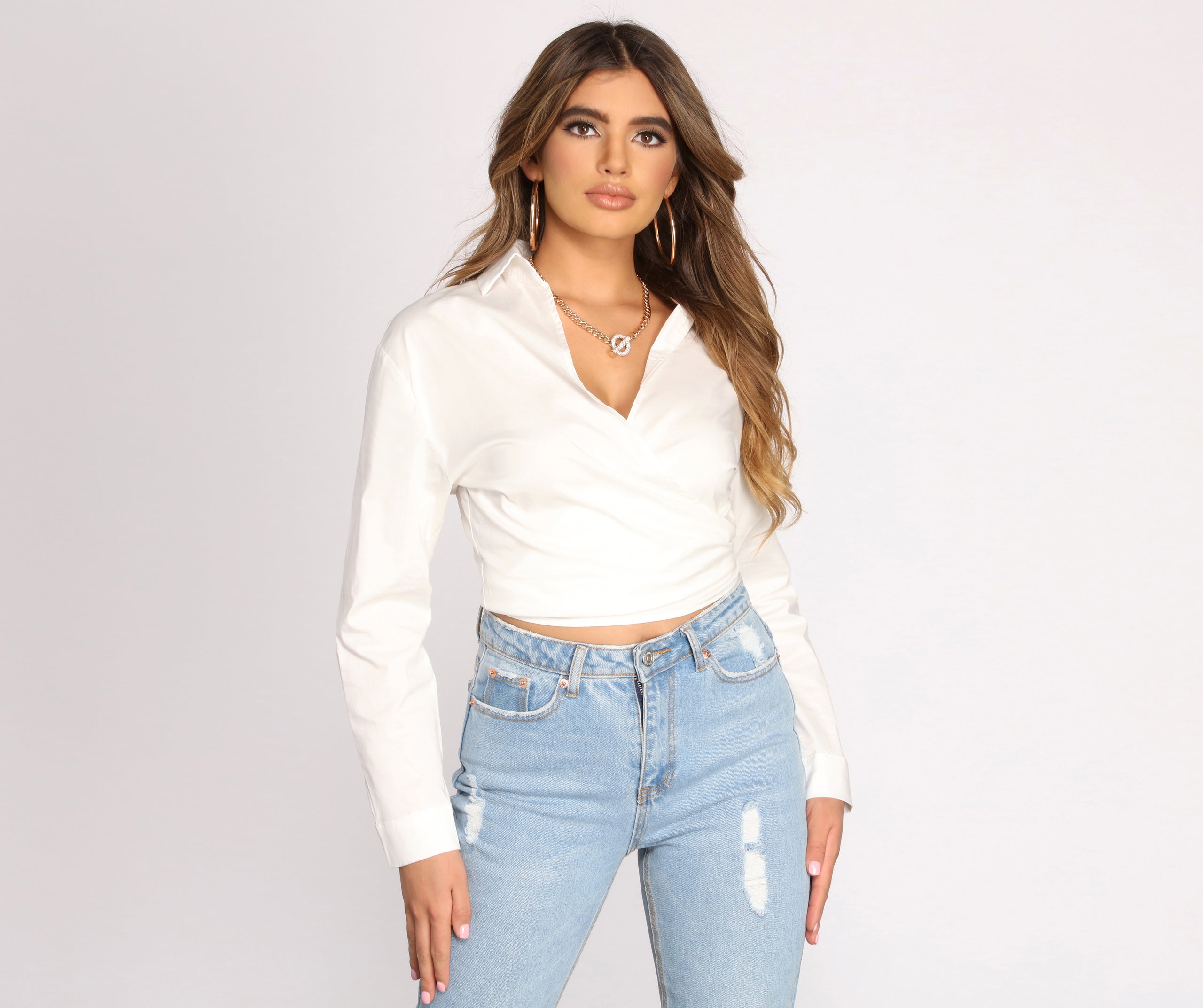 Plunge V Tie Waist Crop Top