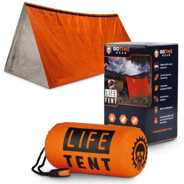 Go Time Gear | Life Tent Emergency Survival Shelter - 2 Person Tube Tent | Waterproof， Windproof， Thermal | Includes Survival Whistle， Paracord Rope and Portable， Lightweight Nylon Stuff Sack | Orange