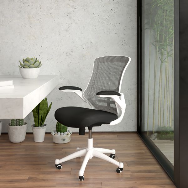 Kelista Mid-Back Black Mesh Swivel Ergonomic Task Office Chair with White Frame and Flip-Up Arms