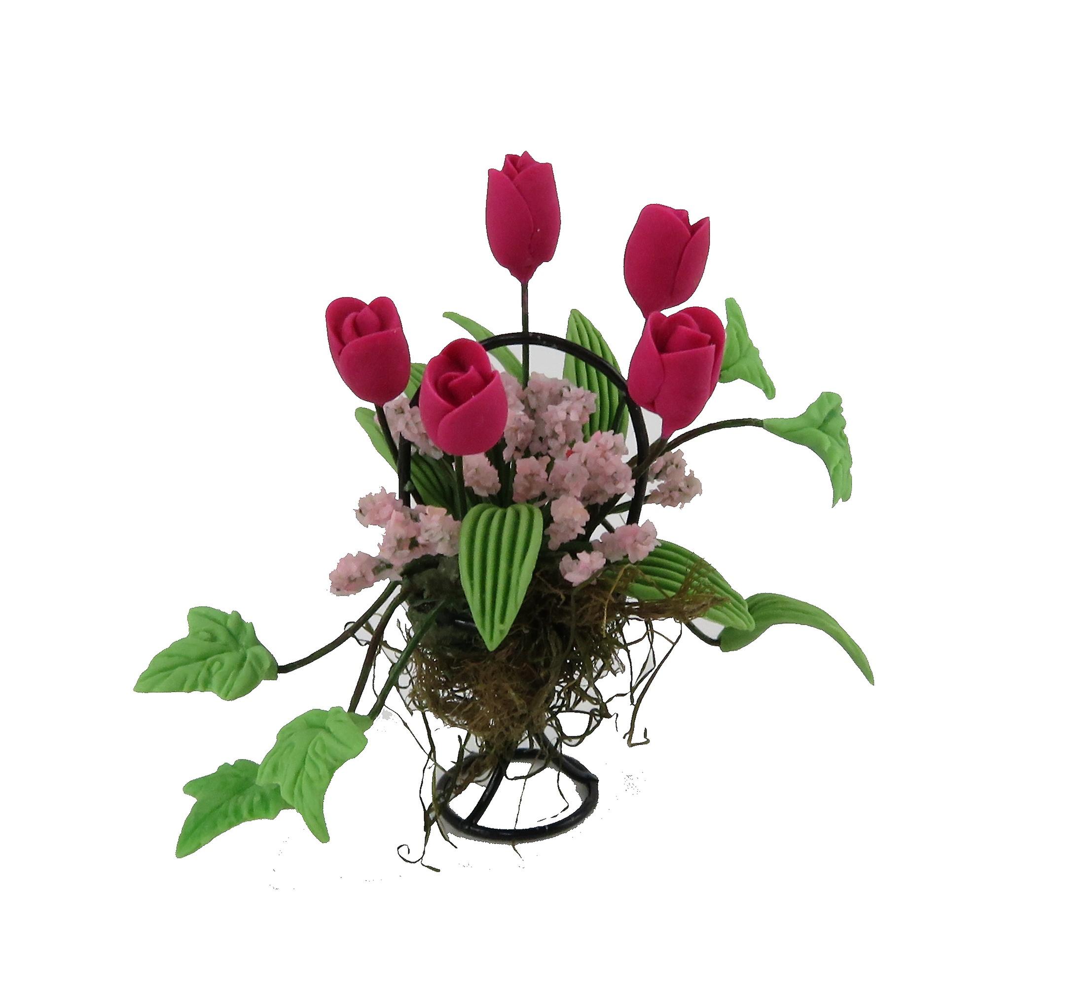 Dolls House Deep Pink Flower Display In Black Wire Basket Garden Accessory