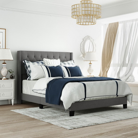 Upholstered Platform Bed with Classic Headboard  B...