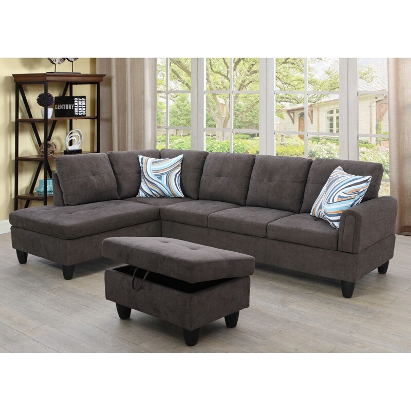 3 Pieces Sectional Sofa Set Dark Brown Flannel Living Room Sofa