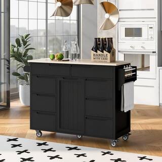 Runesay Black Rubberwood Countertop 53.1 in. W Kitchen Island Cart with 8 Handle-Free Drawers and Flatware Organizer KIBK-2282