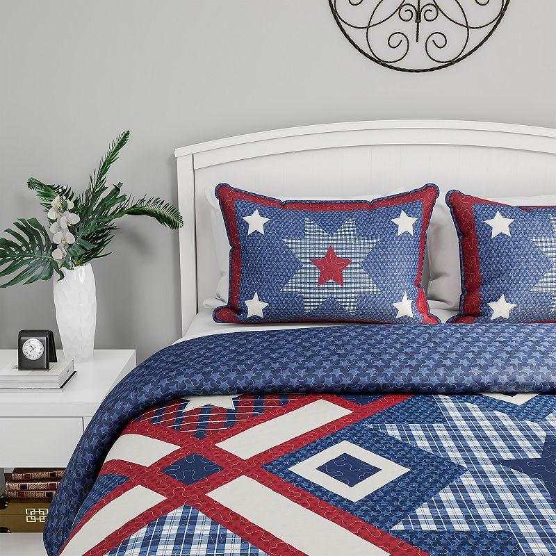 Portsmouth Home Hypoallergenic Microfiber Homestead Patriotic Americana Print 3-Piece Quilt Set