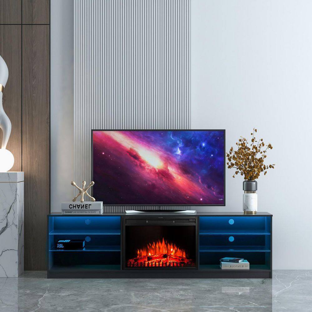 79 in. Black Modern Fireplace TV Stand with Open Shelf Fits TV's up to 70 in. with RGB Light D-W331S00042