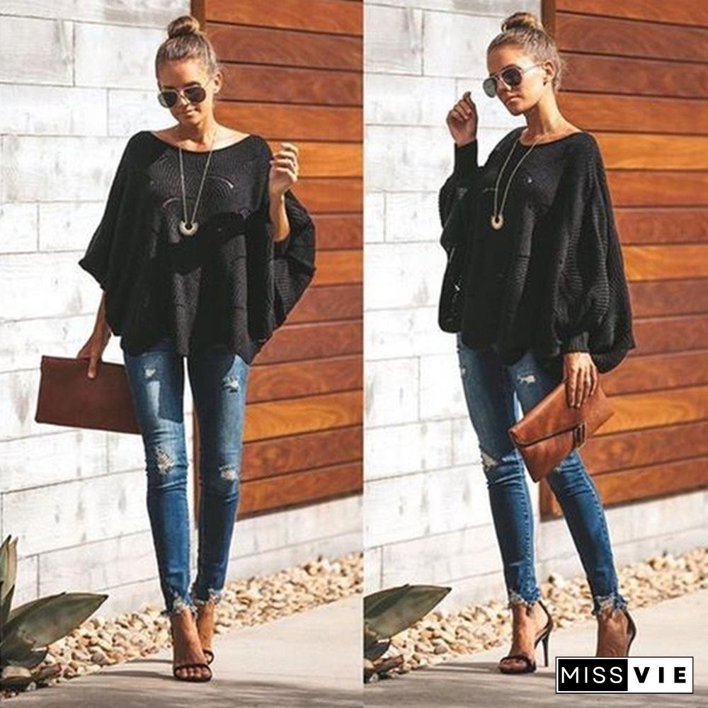 Women's Bat Sleeve Sweaters Casual Hollow Out Loose Sweater Pure Color Autumn Spring Tops Plus Size S-5XL