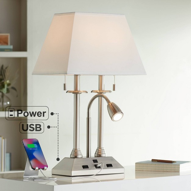 High Brushed Nickel With Usb And Ac Power Outlet In Base Led Reading Light White Shade For Home Desk