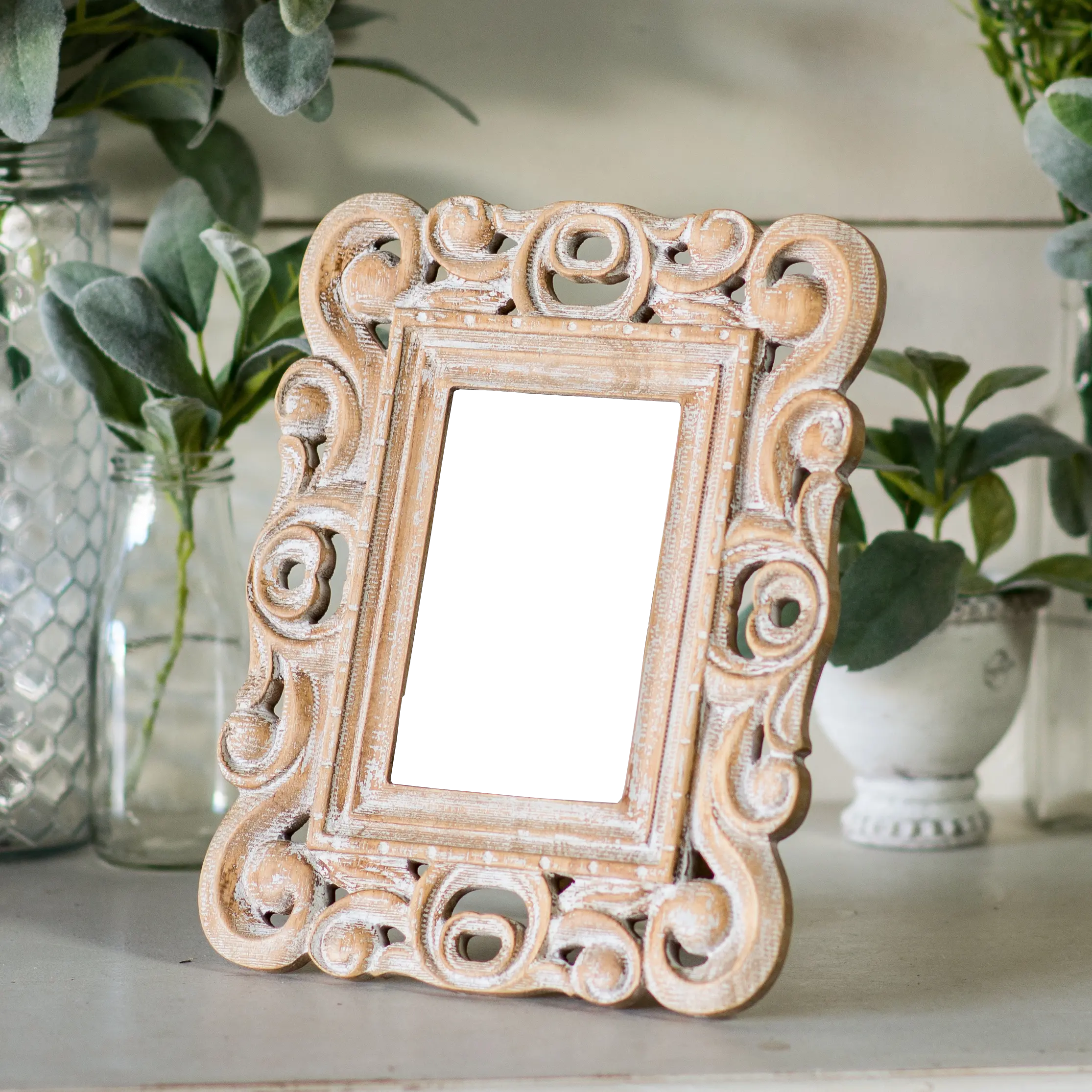 Carved Wood and White Wash Scroll Detail 4x6 Picture Frame