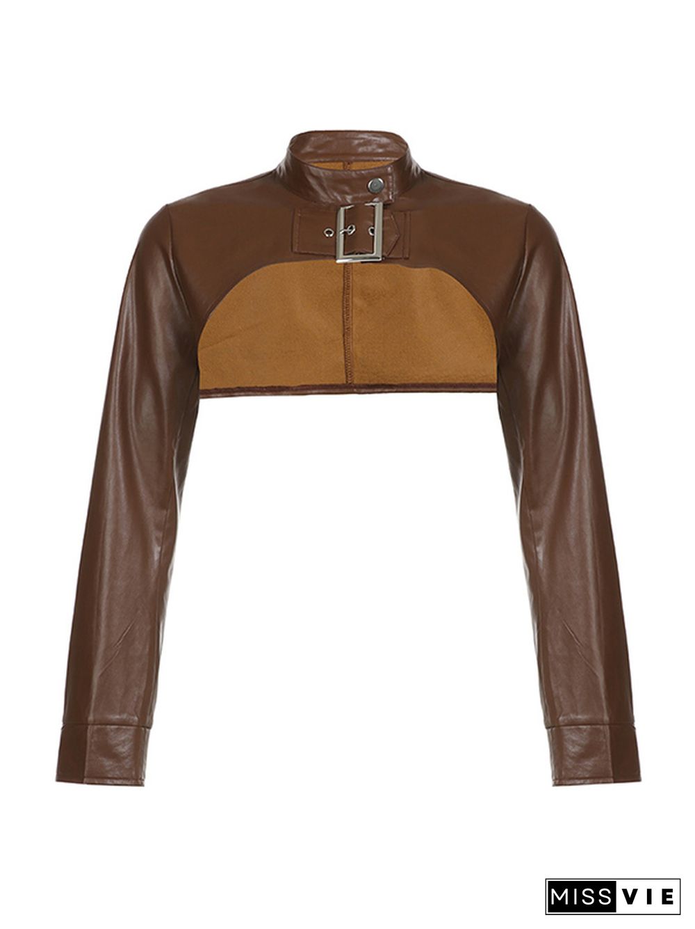 Vintage Brown Ultra Short Metal Buckle Leather Jacket