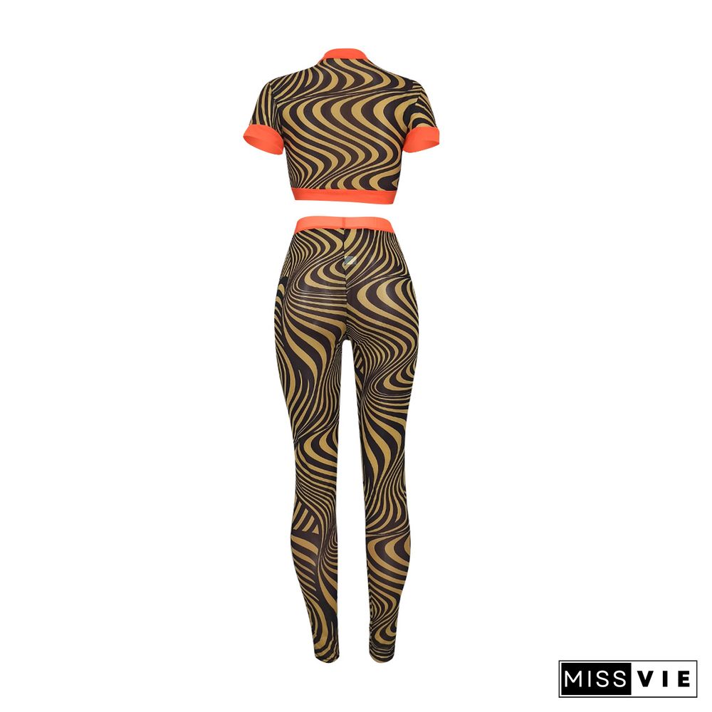 Mesh Printing Short Sleeve Crop Top And Pants Set