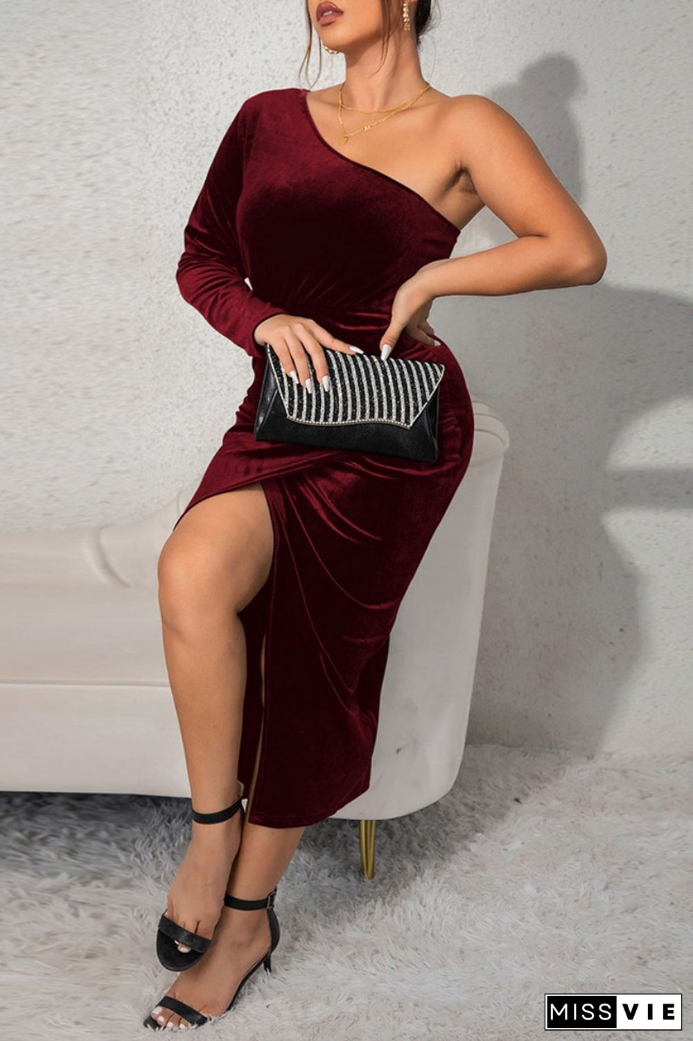 Sexy Casual Solid Backless Slit Oblique Collar Long Sleeve Plus Size Dresses