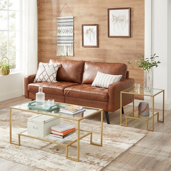 VASAGLE Square Sofa Side Table， Gold-colored， Tempered Glass， Steel Frame - 19.69