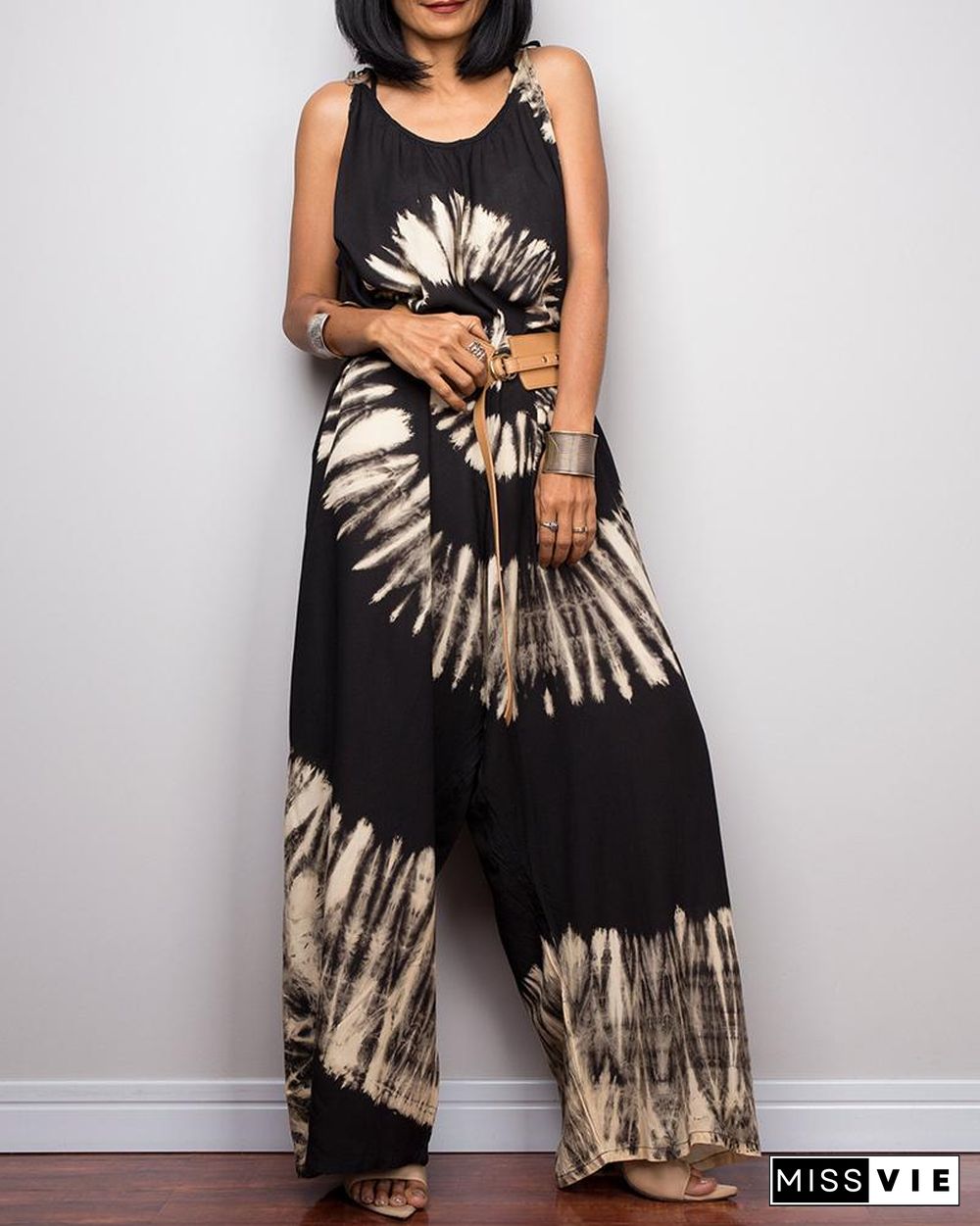 Tie-Dye Print Wide-Leg Lace-Up Loose Jumpsuit P15993