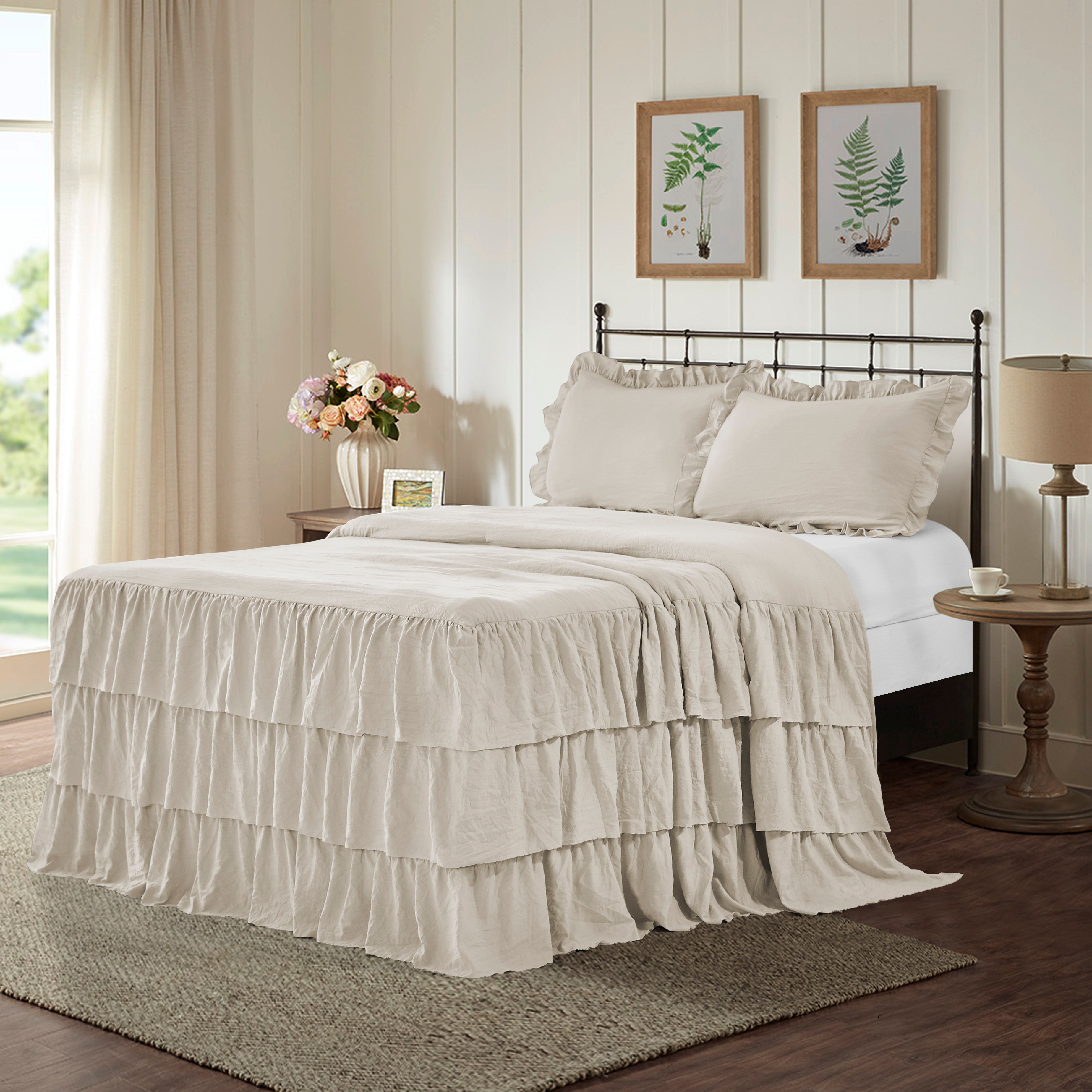 Ruffle Skirt Bedspread Three Layers Design Chic Style Bedding Set