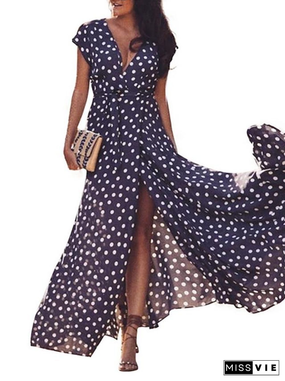 Women's Swing Dress Maxi long Dress Short Sleeve Polka Dot Hot Navy Blue S M L XL XXL 3XL