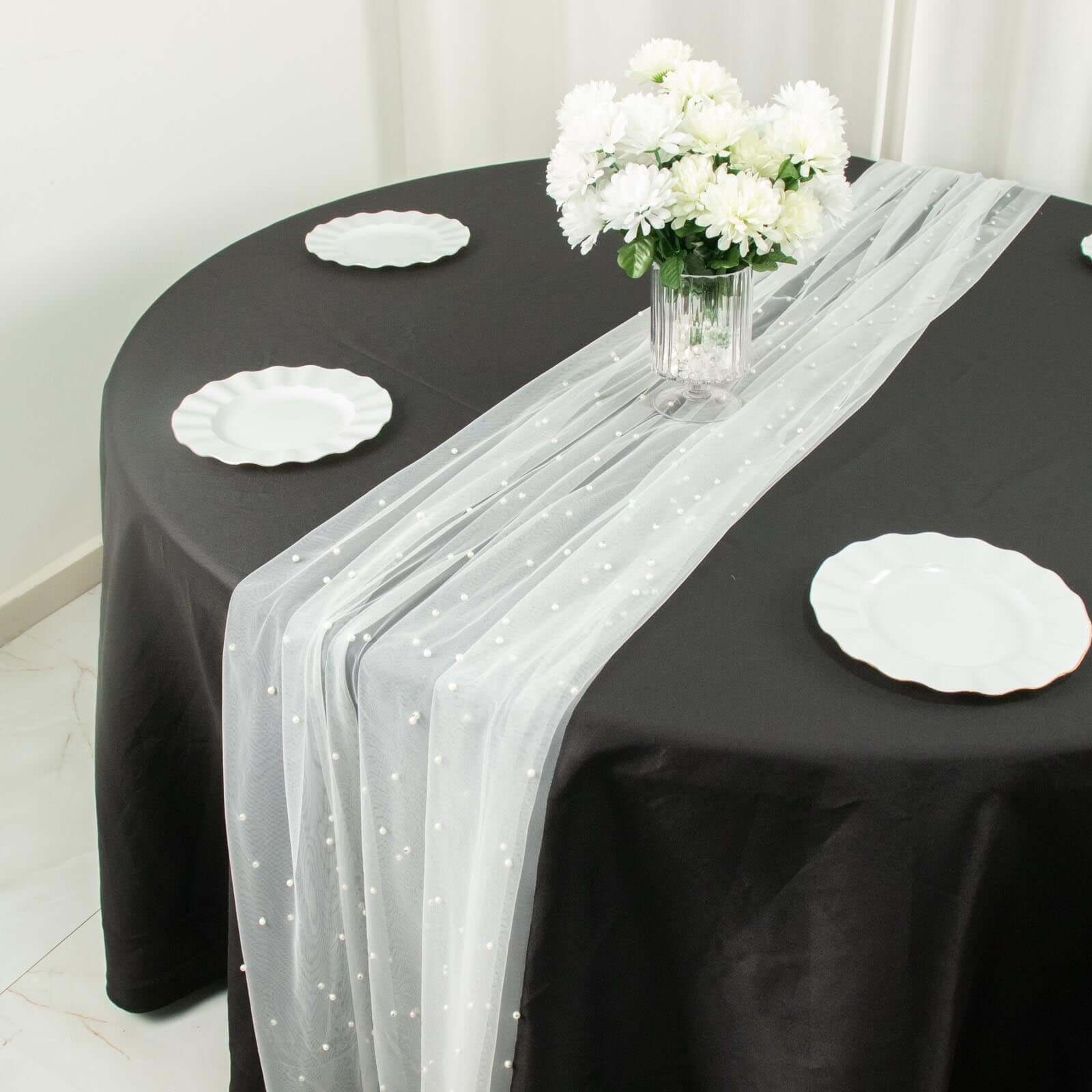 White Pearl Embellished Sheer Tulle Table Runner, Elegant Formal Table Linen 48