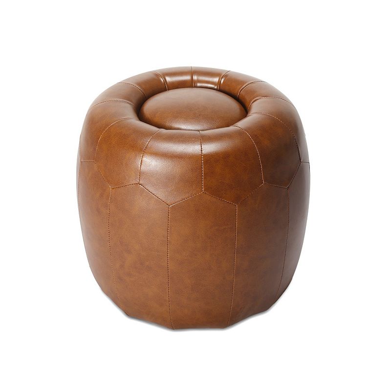 17 Inch Wood Round Ottoman， Honeycomb Design， Modern Brown Faux Leather