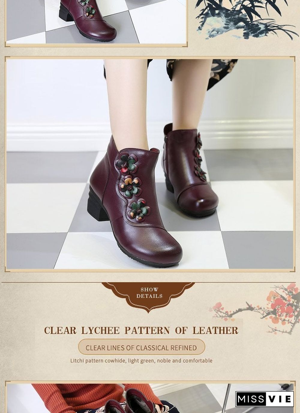 Cow Genuine Leather Winter Boots Soft Flower Comfortable Warm Spare Heel Ankle Boots