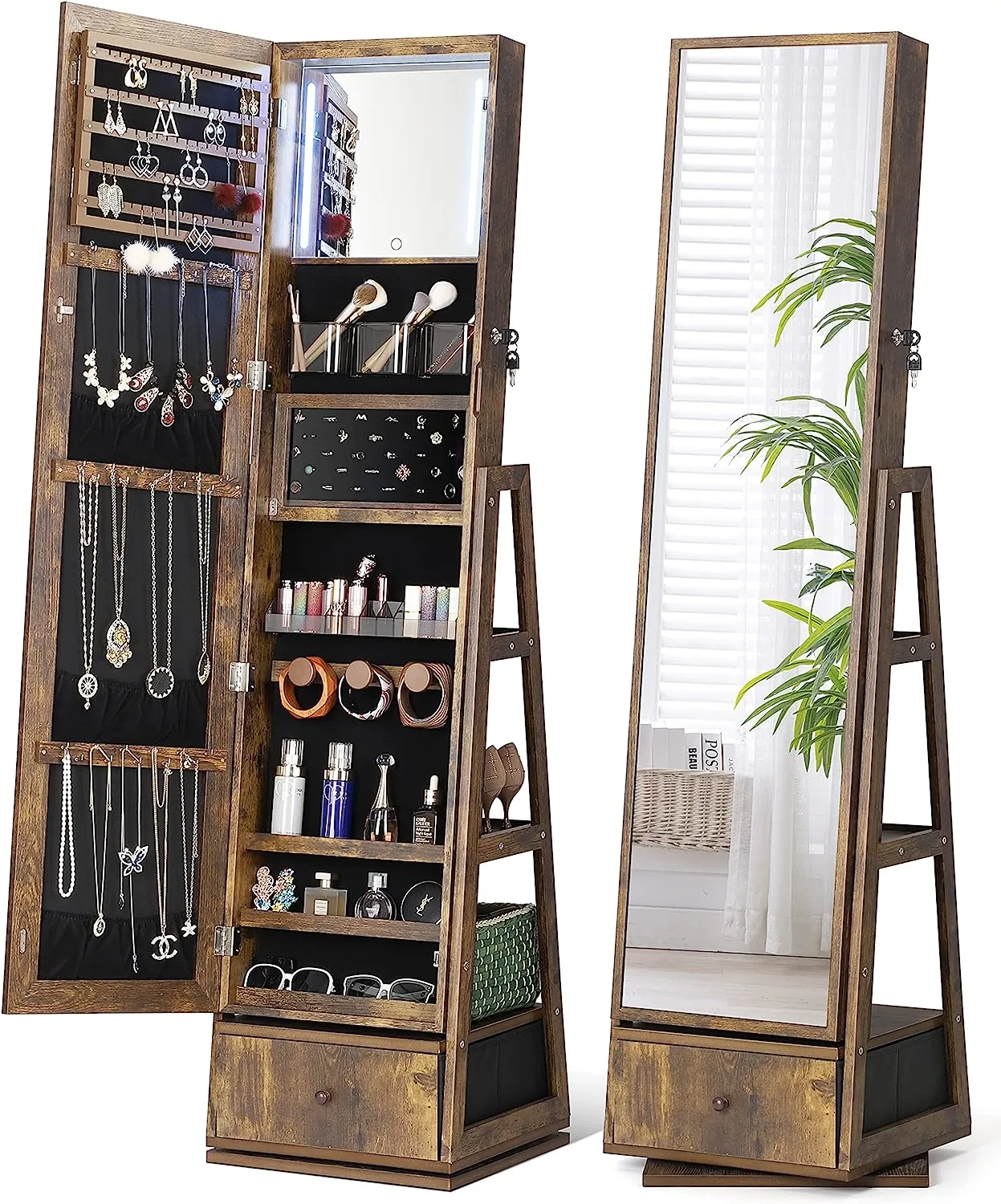 ⭐️360° Swivel Jewelry Cabinet with Lights - 🌟Touch Screen Vanity Mirror 🌟