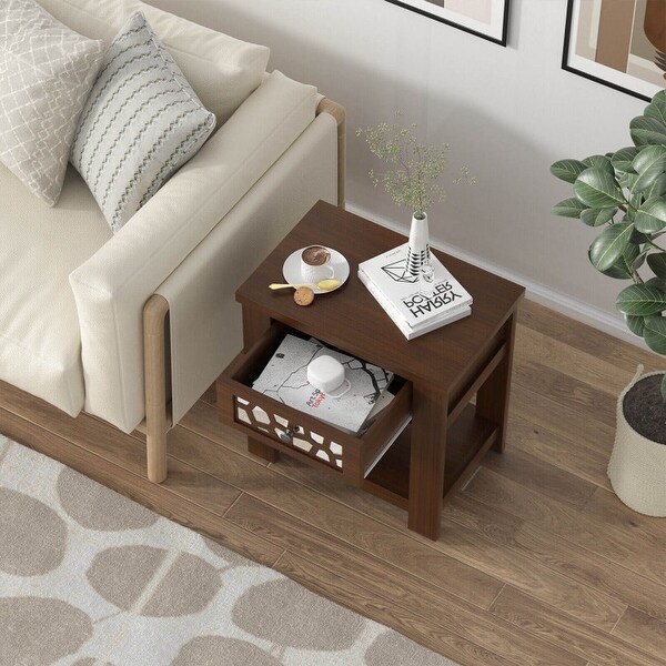 Wood Retro End Table with Mirrored Glass Drawer and Open Storage Shelf-Brown - 23.5