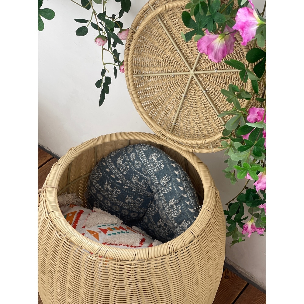 Outdoor Indoor Wicker Storage Ottoman With Lid Boho Side Table