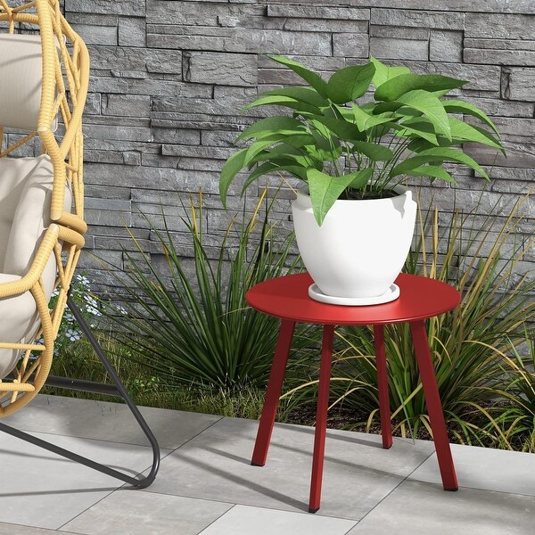 Indoor and Outdoor Steel Side Table，WeatherResistant Round End Table with Square Feet，Small Accen Table Great for Patio