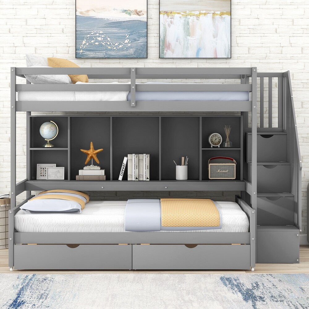 Gray Twin XL over Full Bunk Bed with Built in Storage Shelves  Drawers and Staircase  97.2''L*118.3''W*66.1''H  286.5LBS