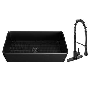 CASAINC Black Fireclay 36 in. Single Bowl Farmhouse Apron Kitchen Sink with Two-function Sprinkler Kitchen Faucet CA-B36-D0675MB