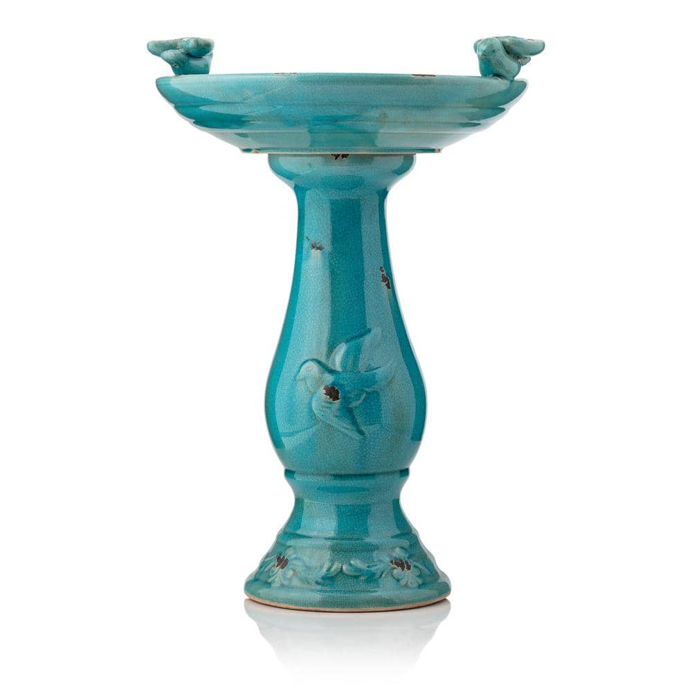 Alpine Corporation 24 in. Tall Outdoor Ceramic Antique Pedestal Birdbath with 2 Bird Figurines， Turquoise TLR102TUR