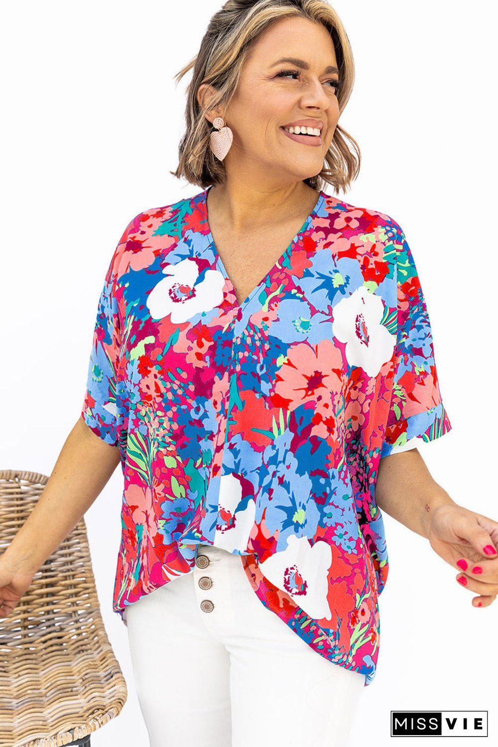 Sky Blue V Neck Dolman Sleeve Plus Size Floral Blouse