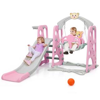 Costway 4-in-1 Toddler Climber and Swing Set with Basketball Hoop and Ball Pink TY327417PI