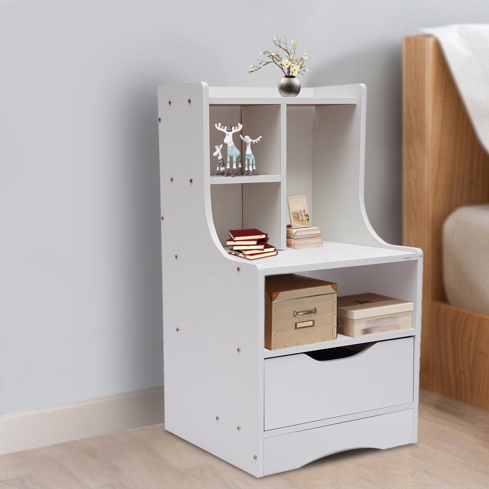 Oukaning End Wood Nightstand with Drawer  Side Table for Small Space Living Room Bedroom Furniture (Warm White)