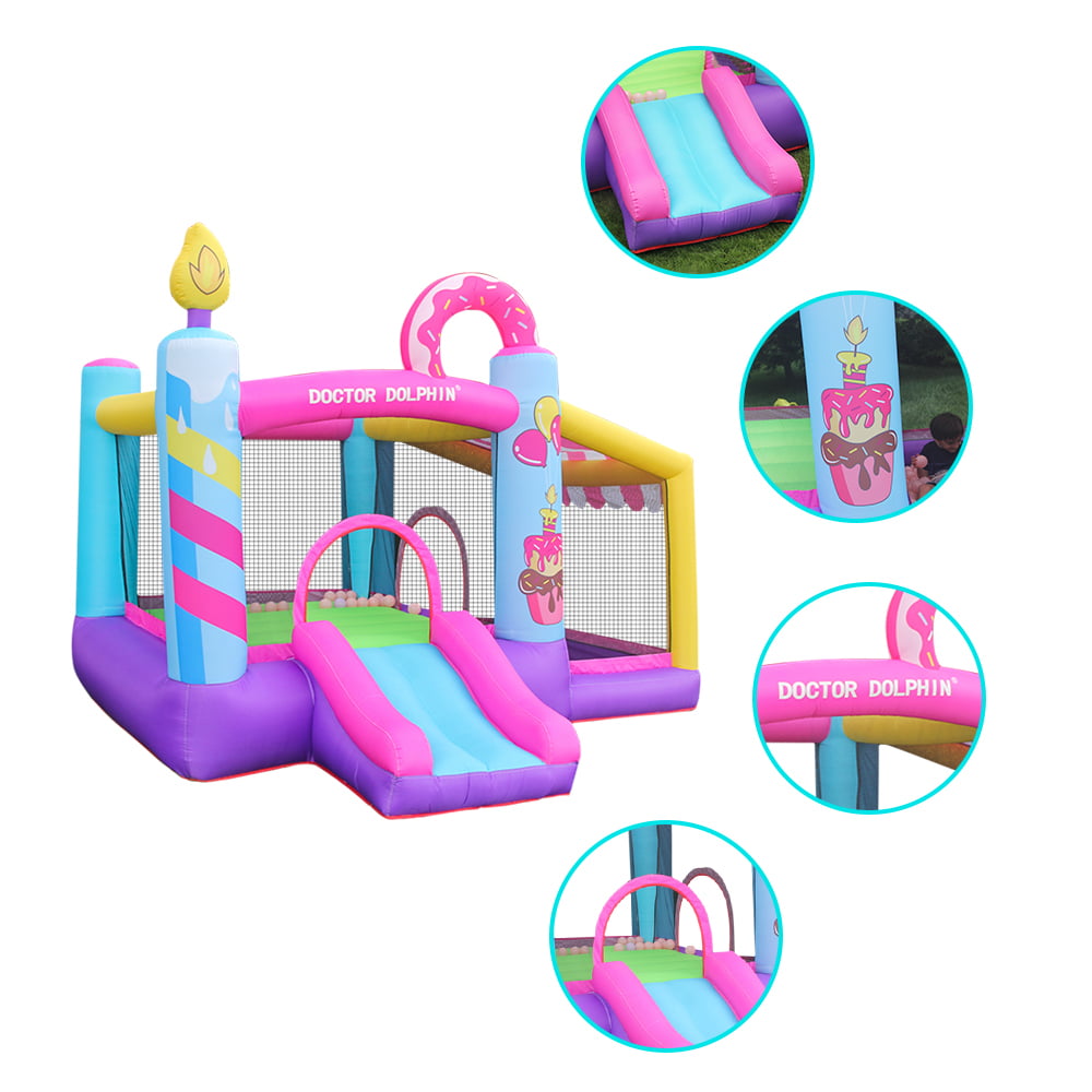 Doctor Dolphin Inflatable Slide Bouncer House Jumper Bouncing House Jumping Castle with Ball Pool Long Slide Air Blower Stakes and Storage Bag