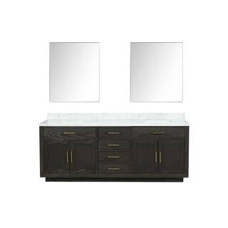 Lexora Condor 84 in W x 22 in D Black Oak Double Bath Vanity Carrara Marble Top and 36 in Mirrors LVCO84DJ110