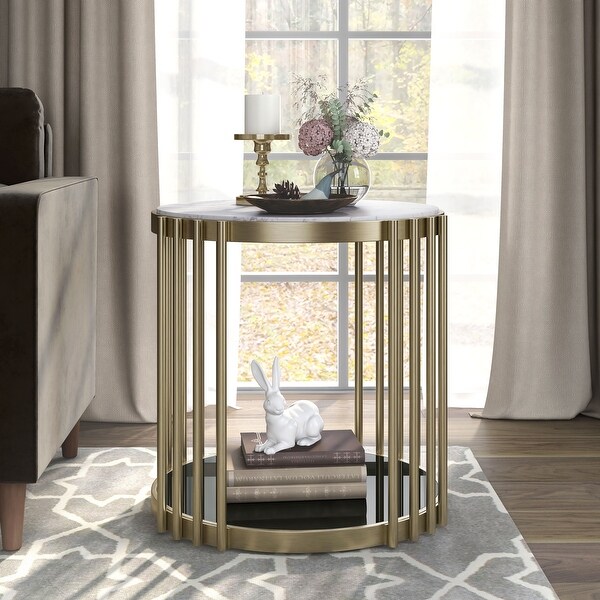 Furniture of America Roberts Brass and White Faux Marble Drum Side Table