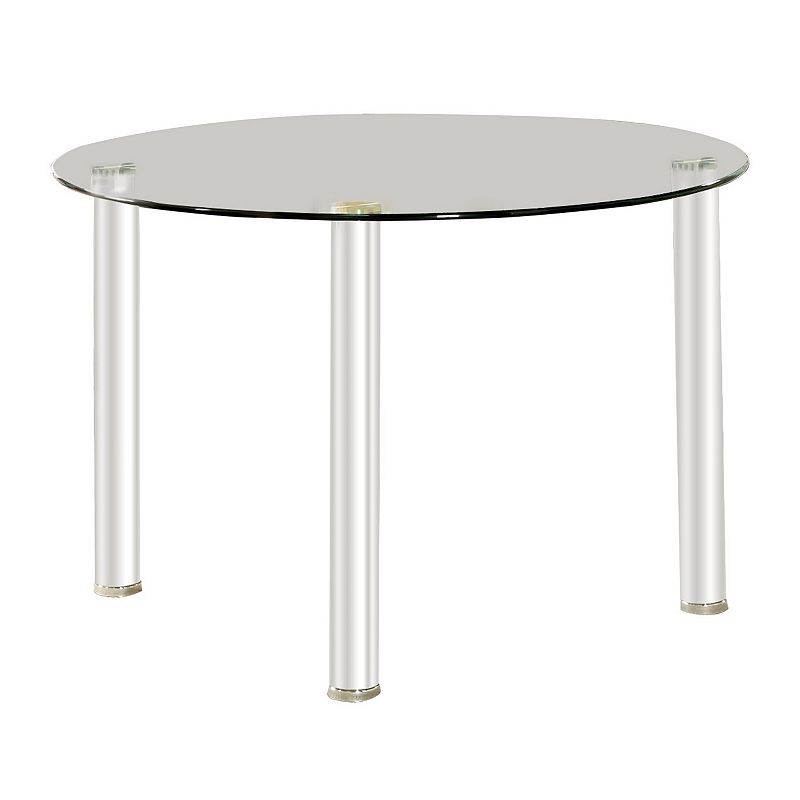 Contemporary Dining Table with Glass Top and Tubular Legs， Silver and Clear