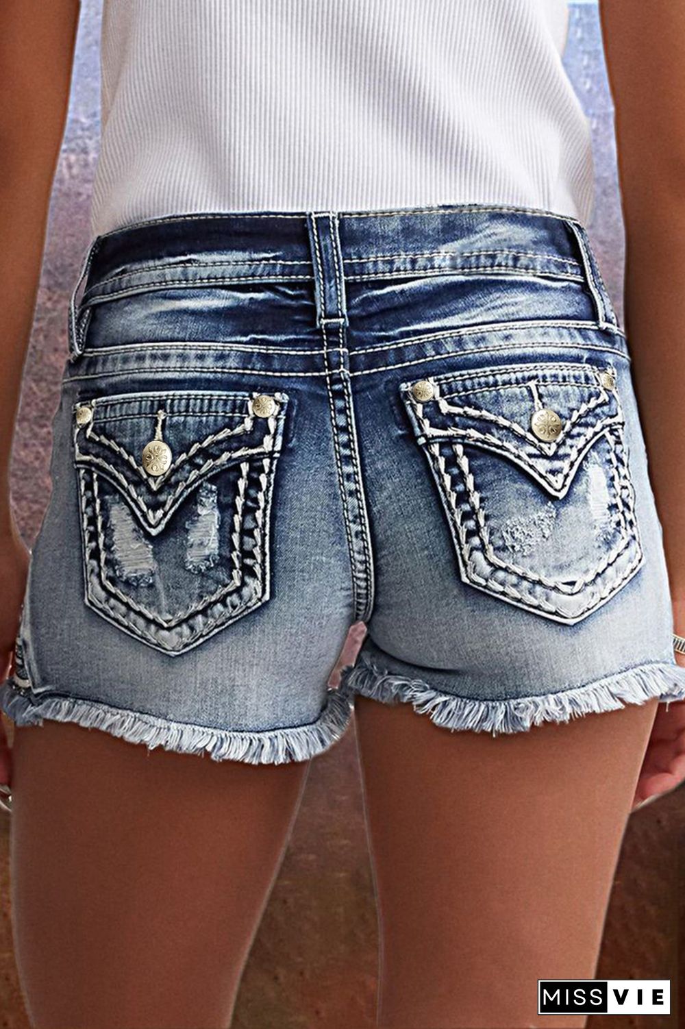 Star & Striped Embroidered Ripped Raw Hem Denim Shorts