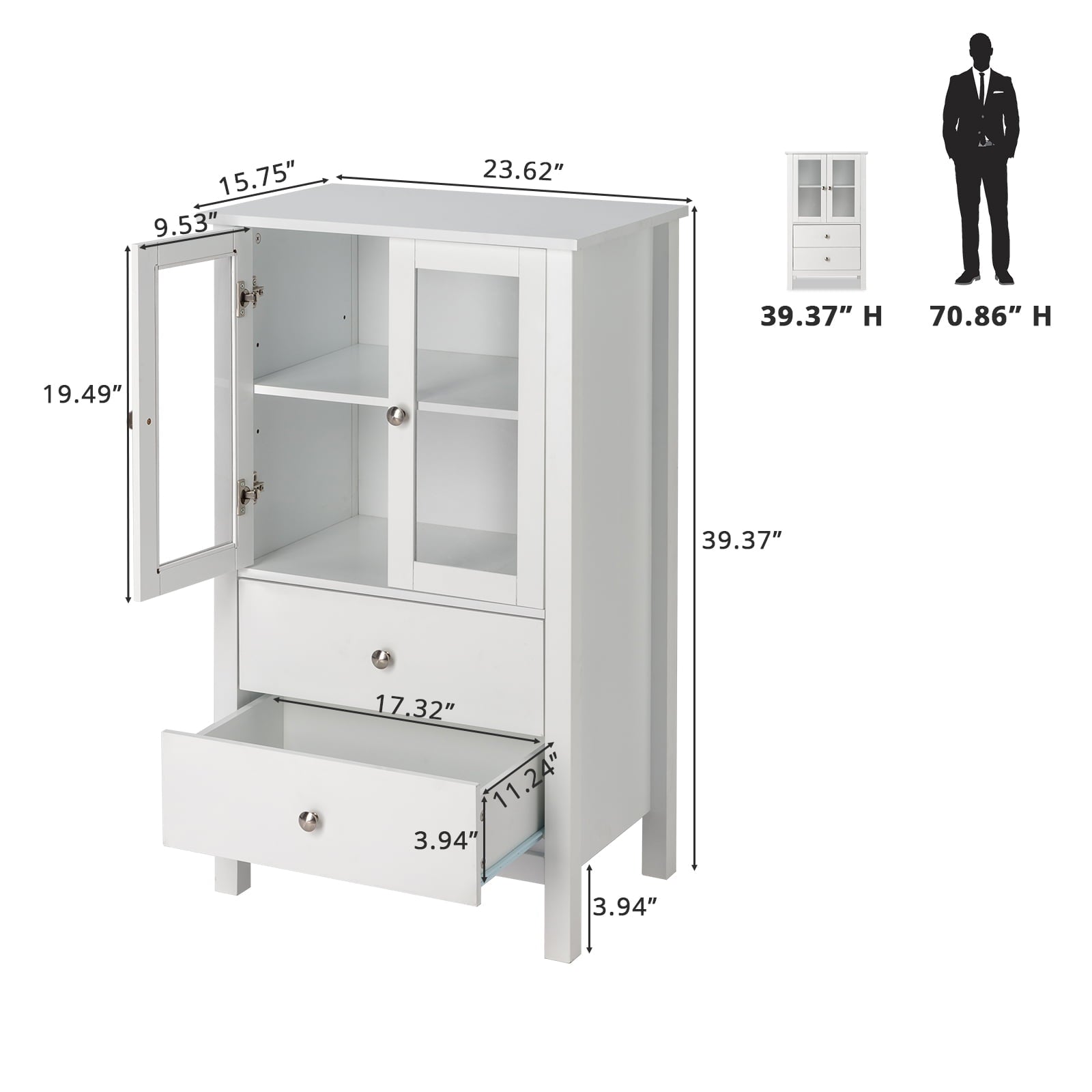 Ktaxon Wooden Bathroom Floor Cabinet, Freestanding Side Storage Cabinet Organizer with 2 Drawers and Cupboard Shelf for Kitchen Living Room Entryway Bedroom, White