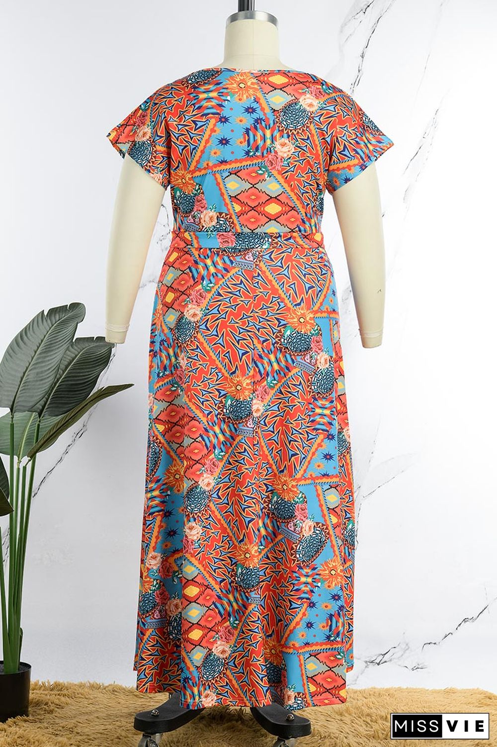 Multicolor Casual Print Slit V Neck Short Sleeve Dress Plus Size Dresses