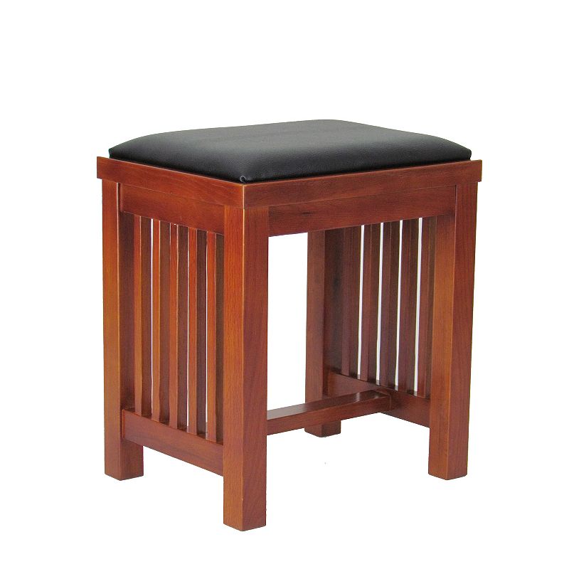 Faux Leather Upholstered Mission Wooden Stool with Slatted Sides， Brown