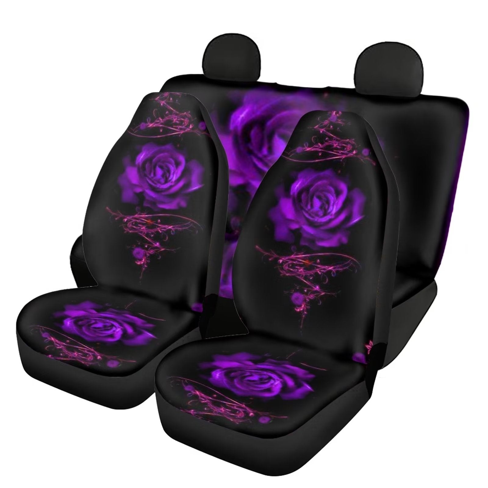 Diaonm Car Accessories for Women，Purple Rose Print Car Seat Covers，Universal Front and Rear Bench Back Seat Cover for Cars Suvs Trucks Decorative Auto Seat Protector，Black