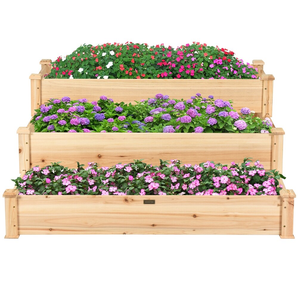 Gymax Outdoor Garden 3 Tier Wooden Elevated Raised Vegetable Planter   49'' x 49'' x 22''