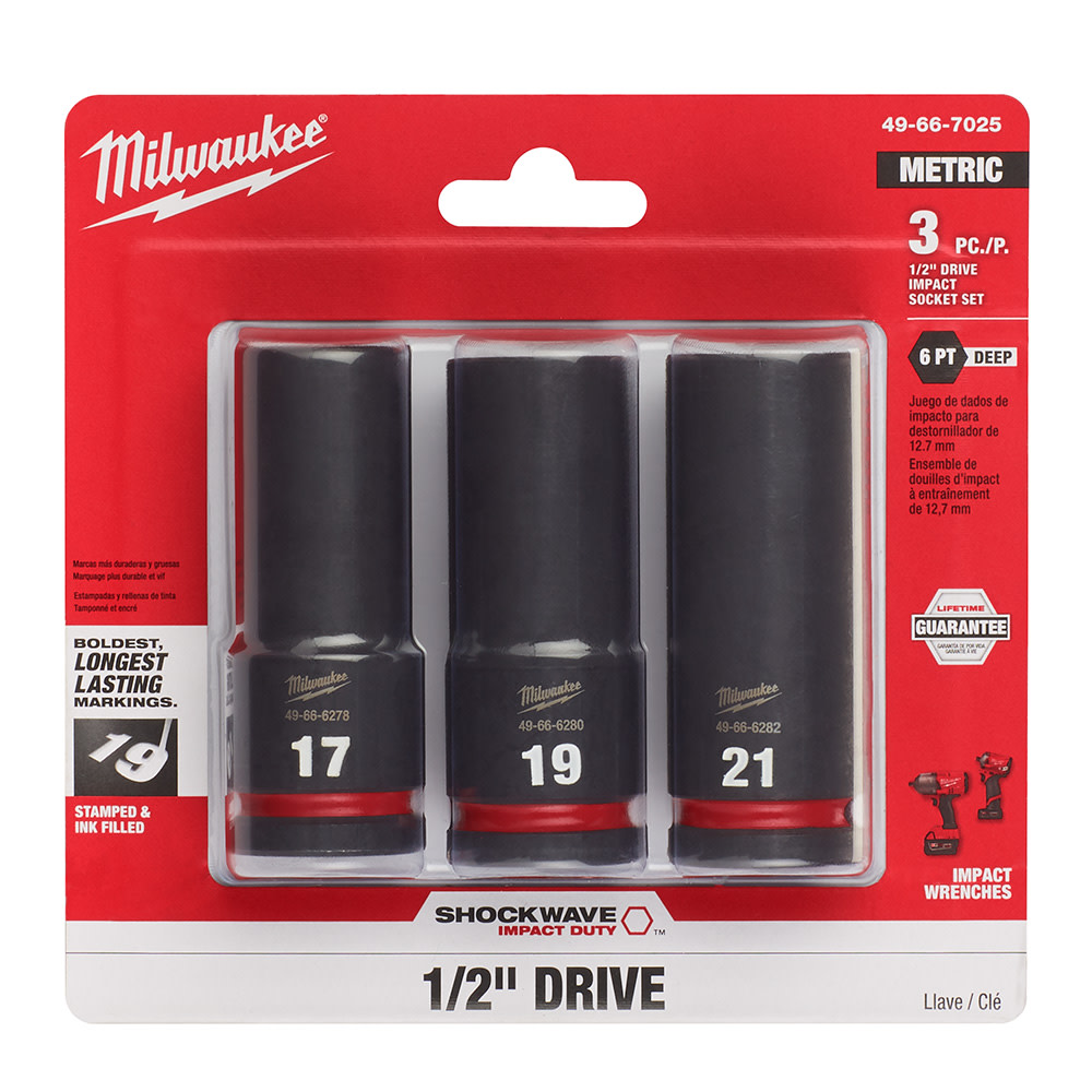 Milwaukee SHOCKWAVE™ Impact Duty™  1/2 Drive Metric Deep 6 Point Socket Set， 3pc